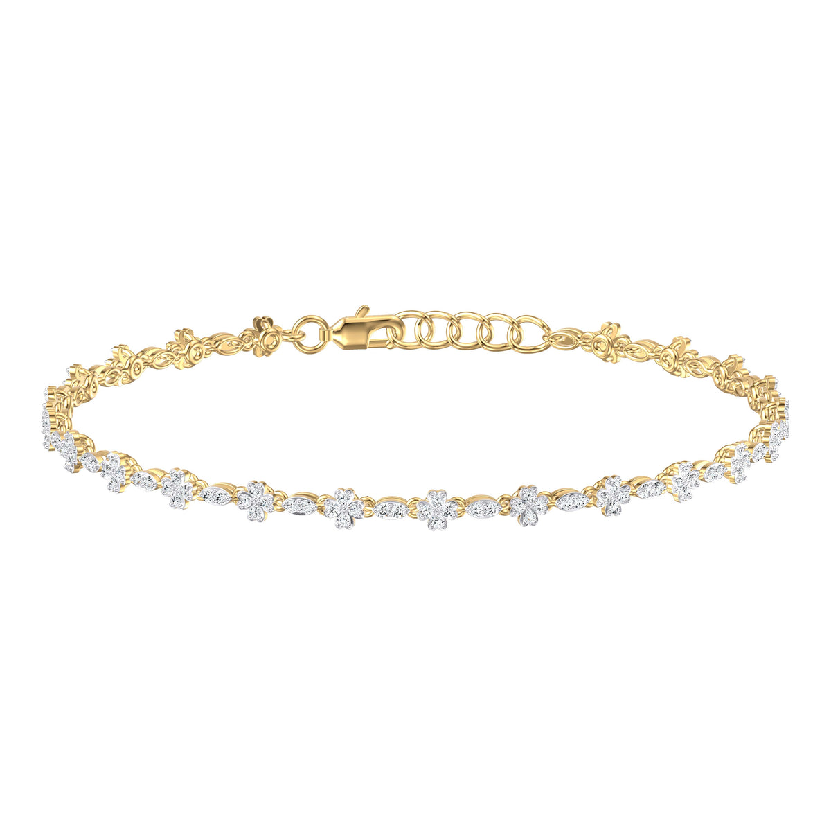 9ct Yellow Gold 0.67ct Diamond Station Flower Bracelet 7.25inch
