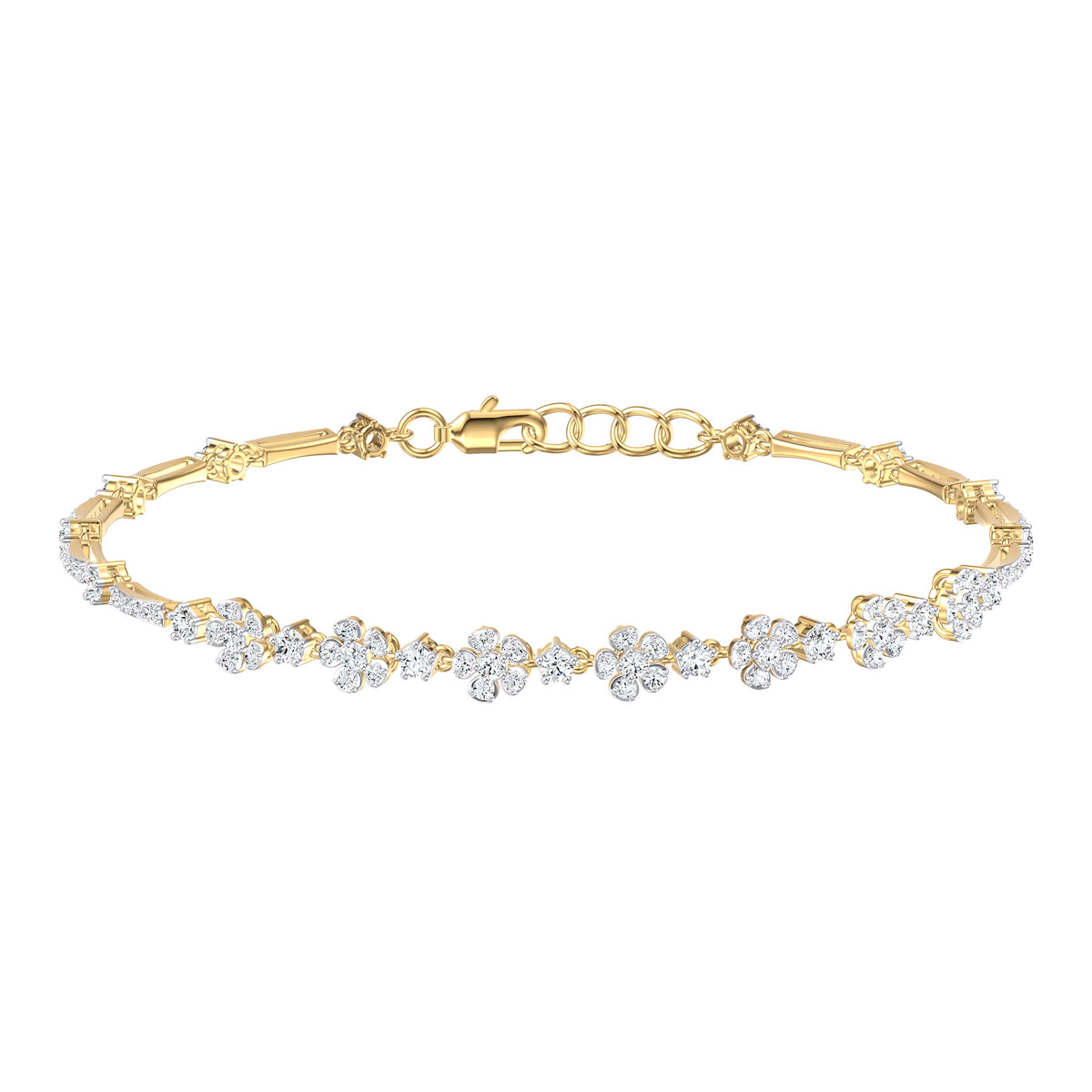 9ct Yellow Gold 1.00ct Diamond Station Flower Bracelet 7.25inch