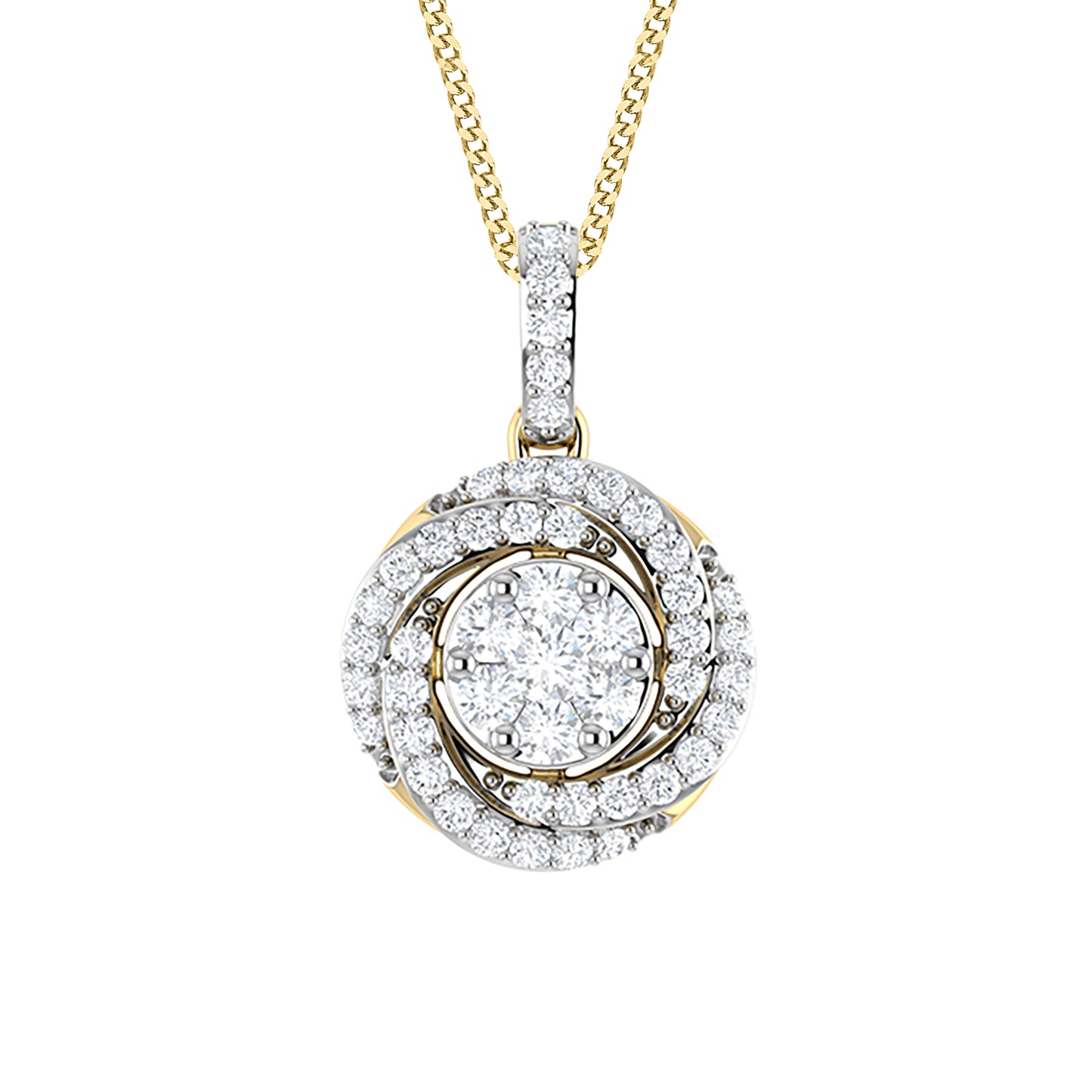 9ct Yellow Gold 0.37ct GH Colour I2-I3 Diamond Twist Halo Pendant on Chain 18inch