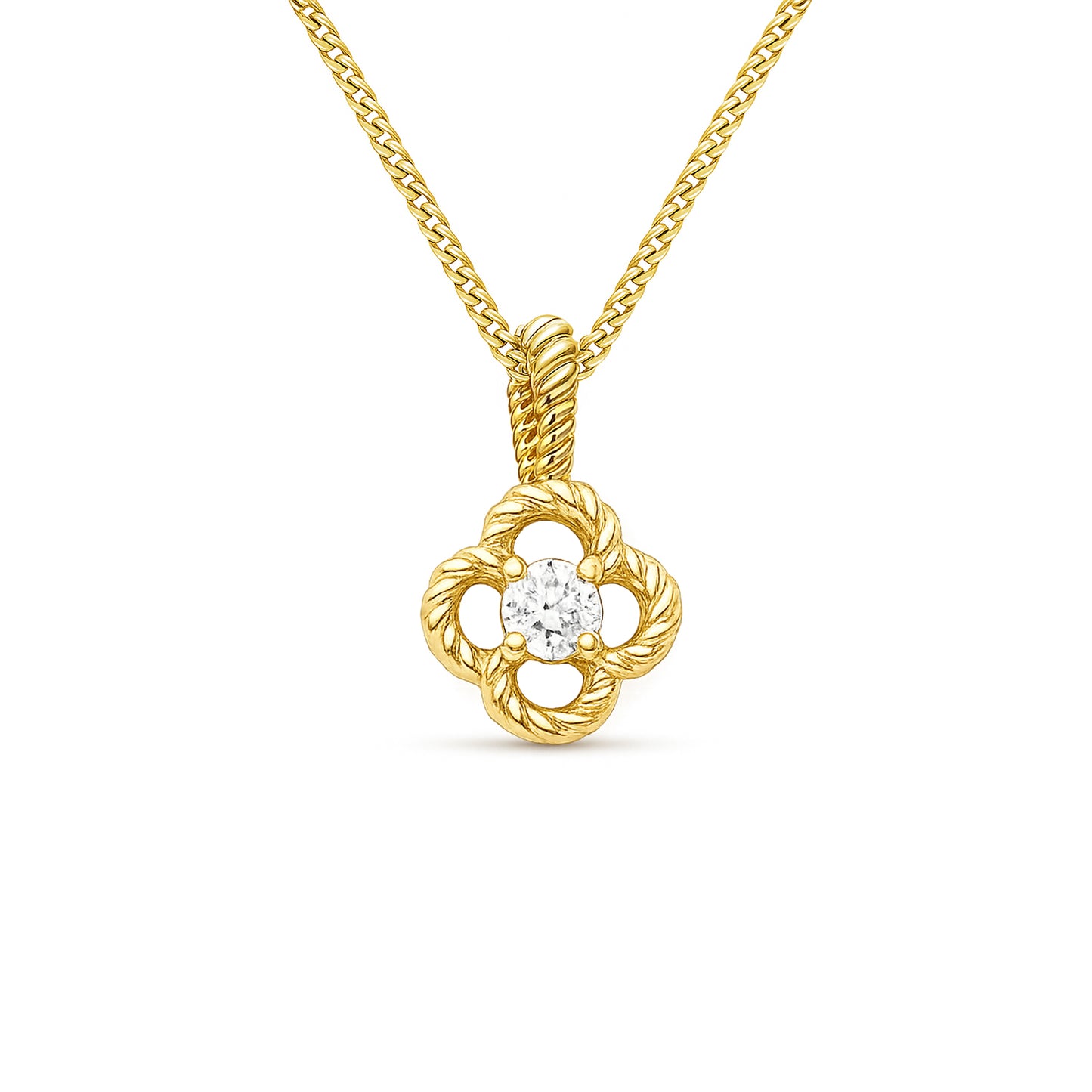 9ct Yellow Gold 0.04ct GH/I2-I3 Diamond Open Clover Pendant on Curb Chain 18inch