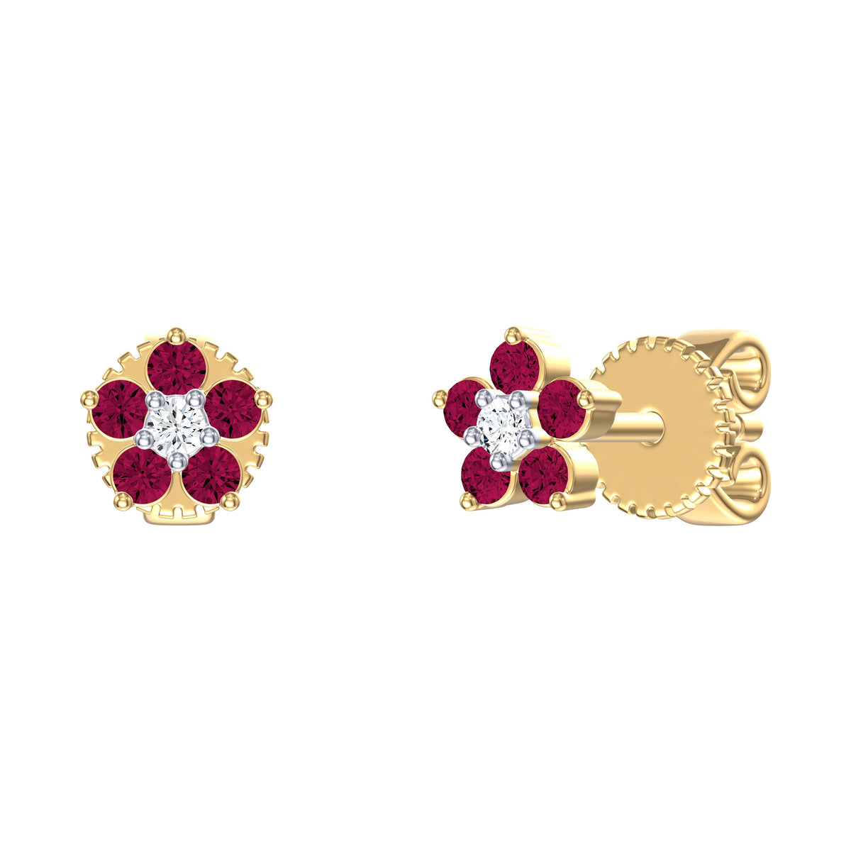 9ct Yellow Gold 0.024ct G-H/I2 Diamond and Ruby Flower Earrings