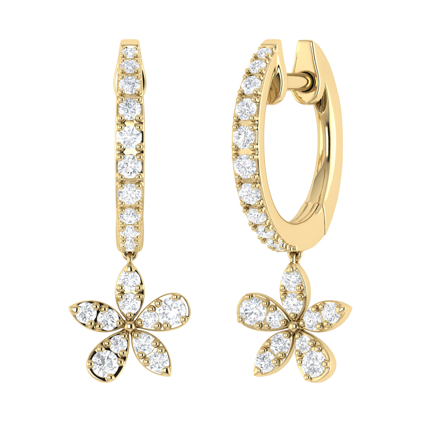 9ct Yellow Gold 0.33ct GH Colour I2-I3 Diamond Flower Drop and Huggie Hoop Earrings