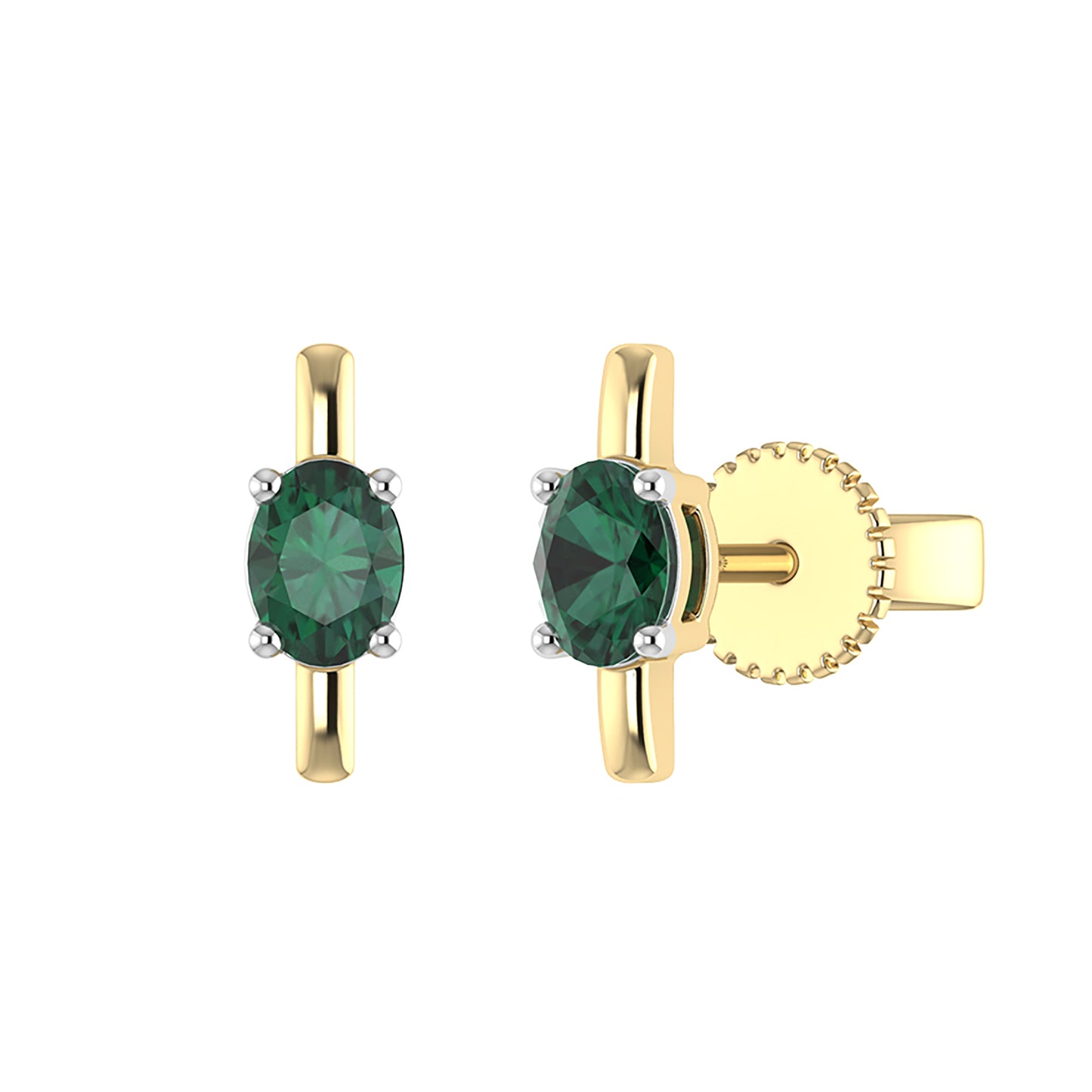 9ct Yellow Gold Bar with LAB Emerald Stud Earrings with Silicone Push Back