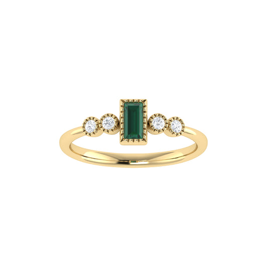 9ct Yellow Gold Lab Created Emerald Baguette and 0.11ct GH Colour I2-I3 Diamond Accent Ring