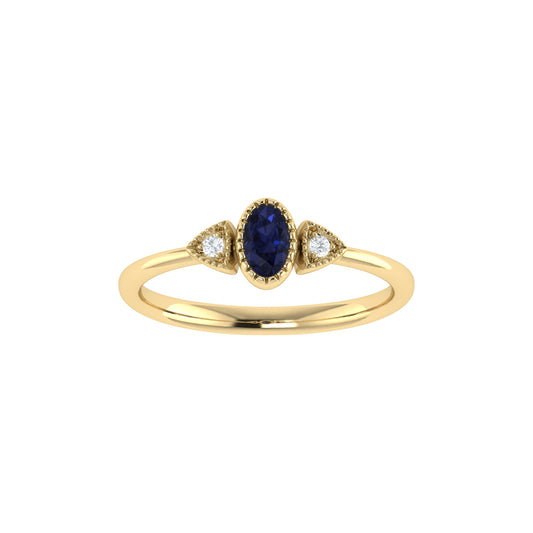 9ct Yellow Gold Oval Lab Created Sapphire Centre and 0.02ct I2-I3 GH Diamond Accent Ring