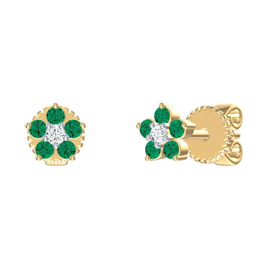 9ct Yellow Gold 0.024ct G-H/I2 Diamond and Emerald Flower Earrings with Silicone backs