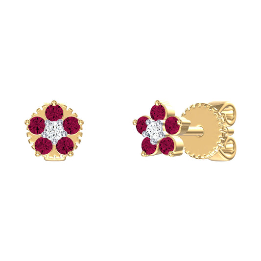 9ct Yellow Gold 0.024ct G-H/I2 Diamond and Ruby Flower Earrings