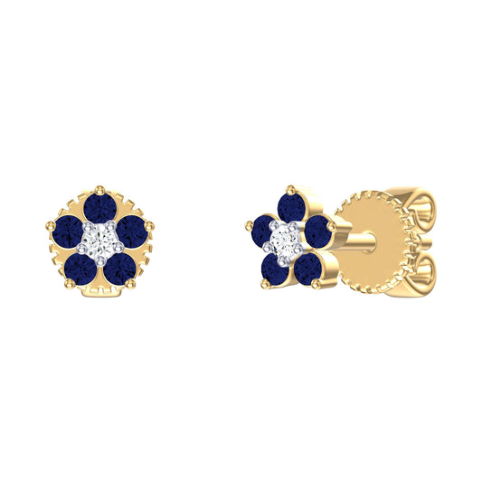 9ct Yellow Gold 0.024ct G-H/I2 Diamond and Blue Sapphire Flower Earrings with Silicone backs